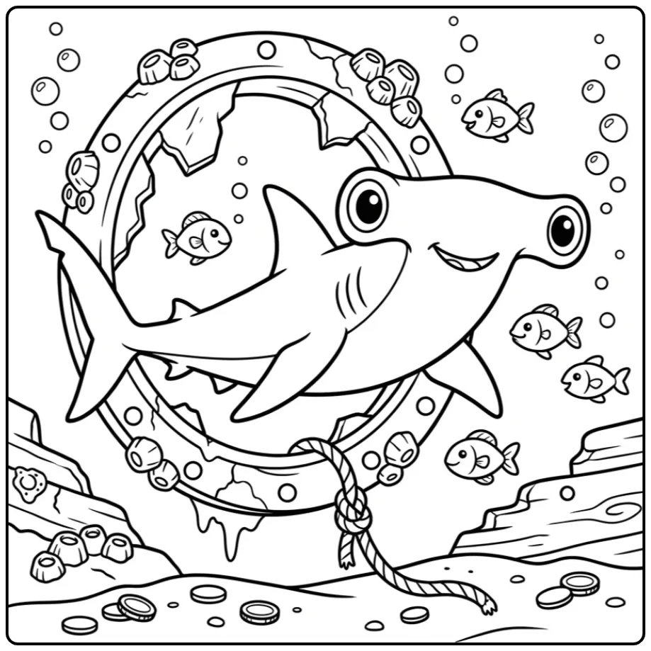 Hamerhaai kleurplaat zwemmend door een scheepswrak.