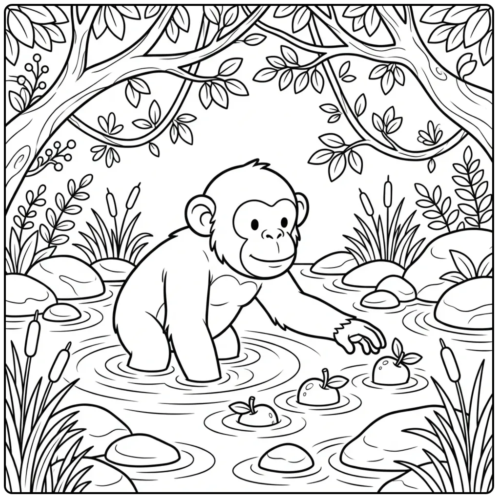 Kleurplaat chimpansee waadt in water en pakt fruit