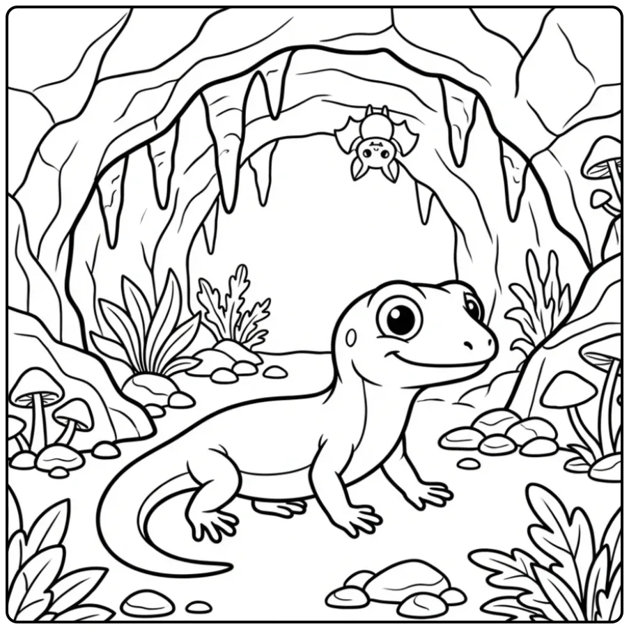 Leuke kleurplaat hagedis die een rotsachtige grot verkent.