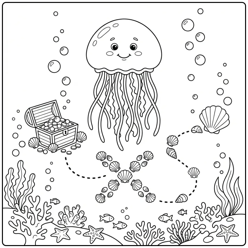 Een schattige kleurplaat kwal zoekt naar een zeeschat.