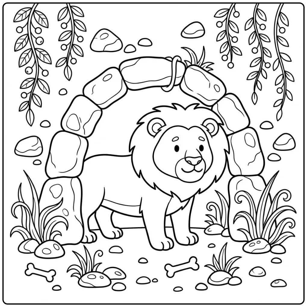 Schattige kleurplaat leeuw staand voor zijn grot van steen.