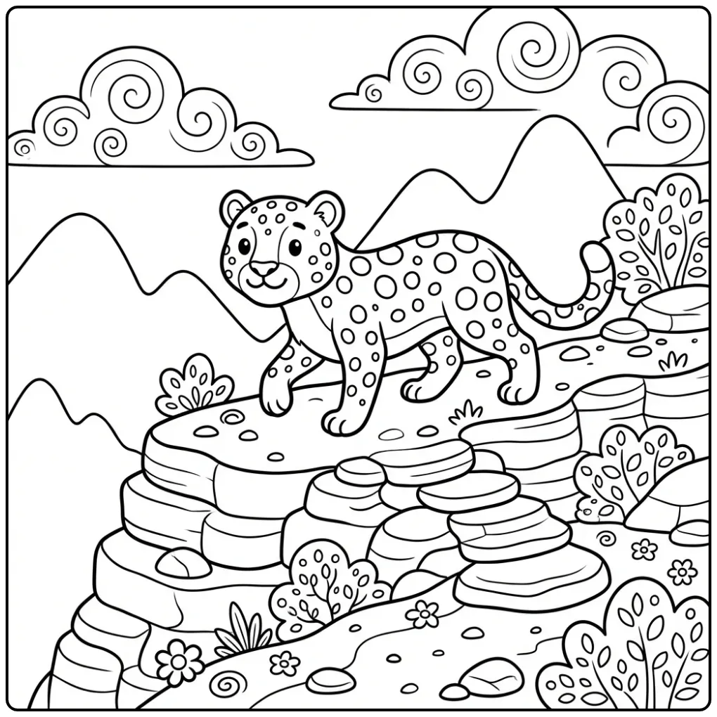 Schattige kleurplaat luipaard op een rotsachtig bergpad.