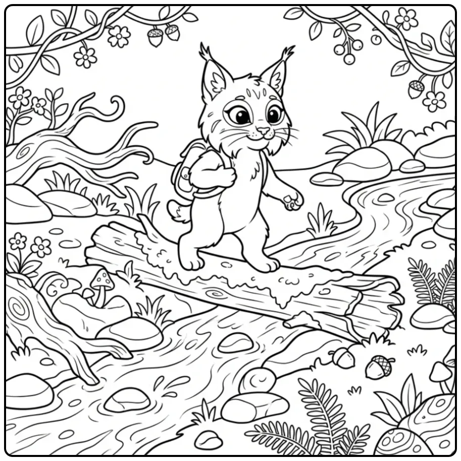 Een schattige kleurplaat lynx op een boomstam boven een beekje.