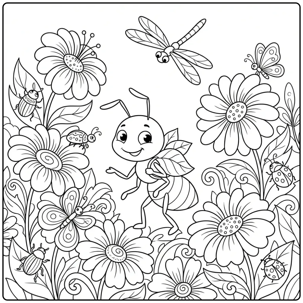 Een schattige kleurplaat mier sluipt door hoge bloemen.