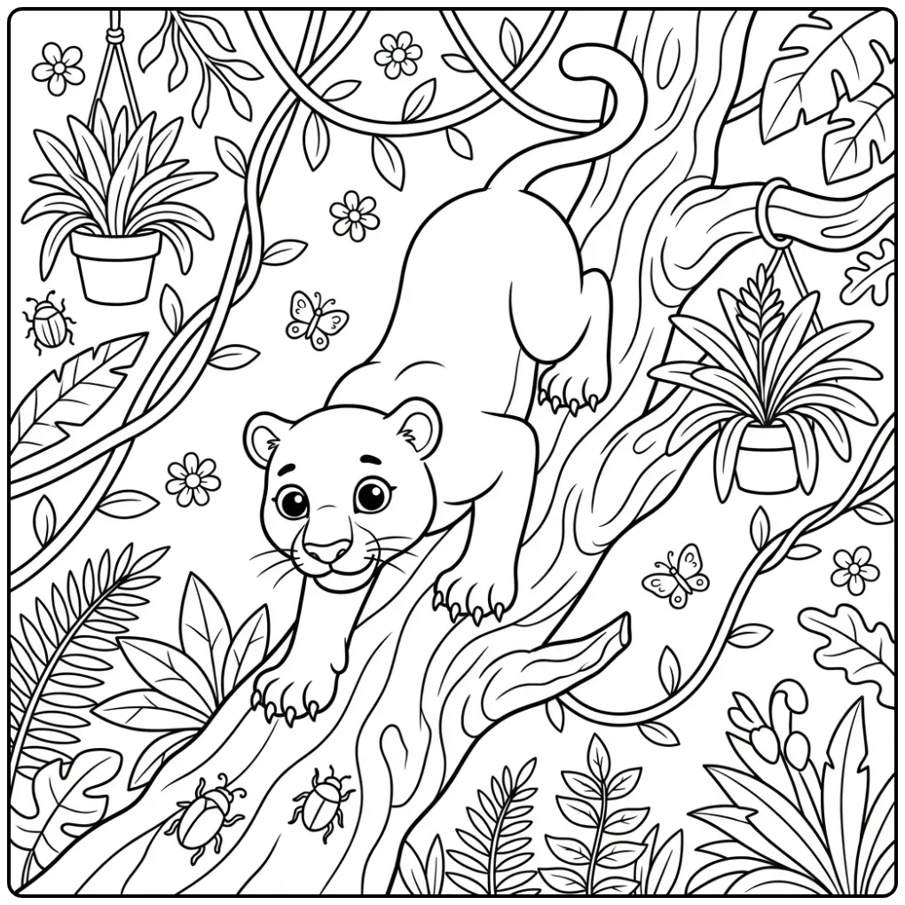 Kleurplaat panter klimmend langs een boomstam met bladeren.