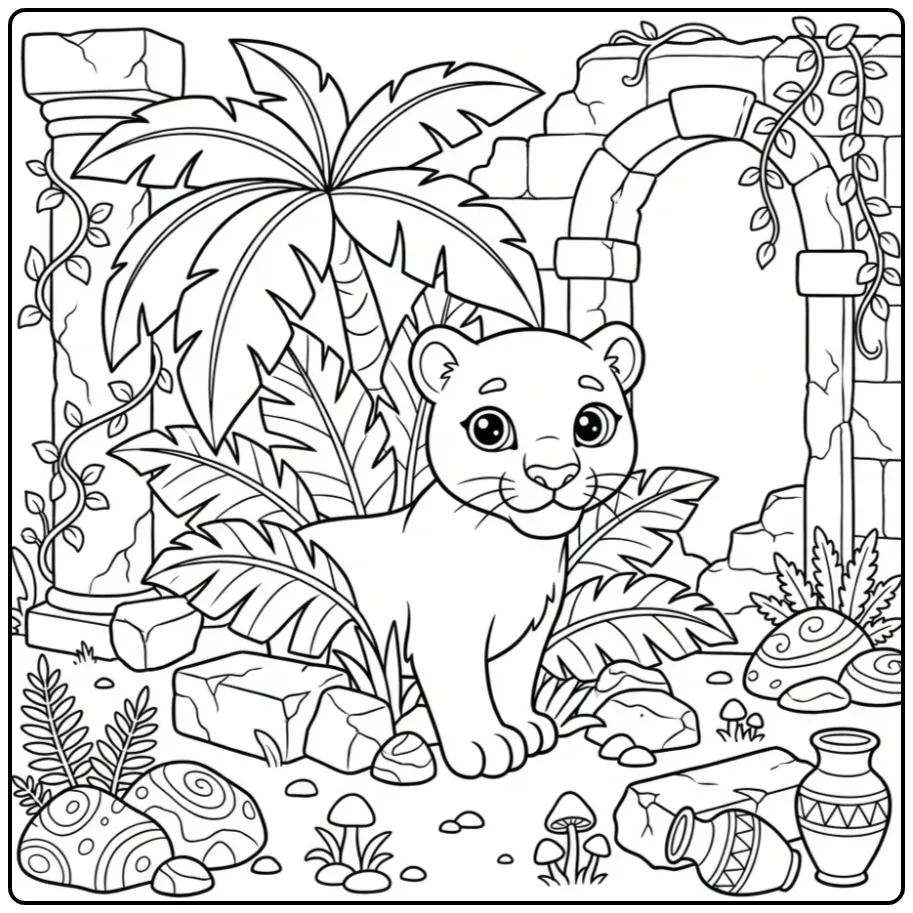 Schattige kleurplaat panter tussen oude ruïnes.