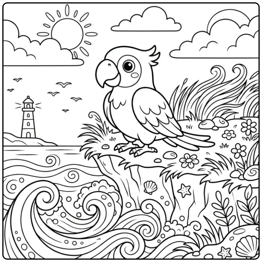 Schattige kleurplaat papegaai op een rots bij de zee.