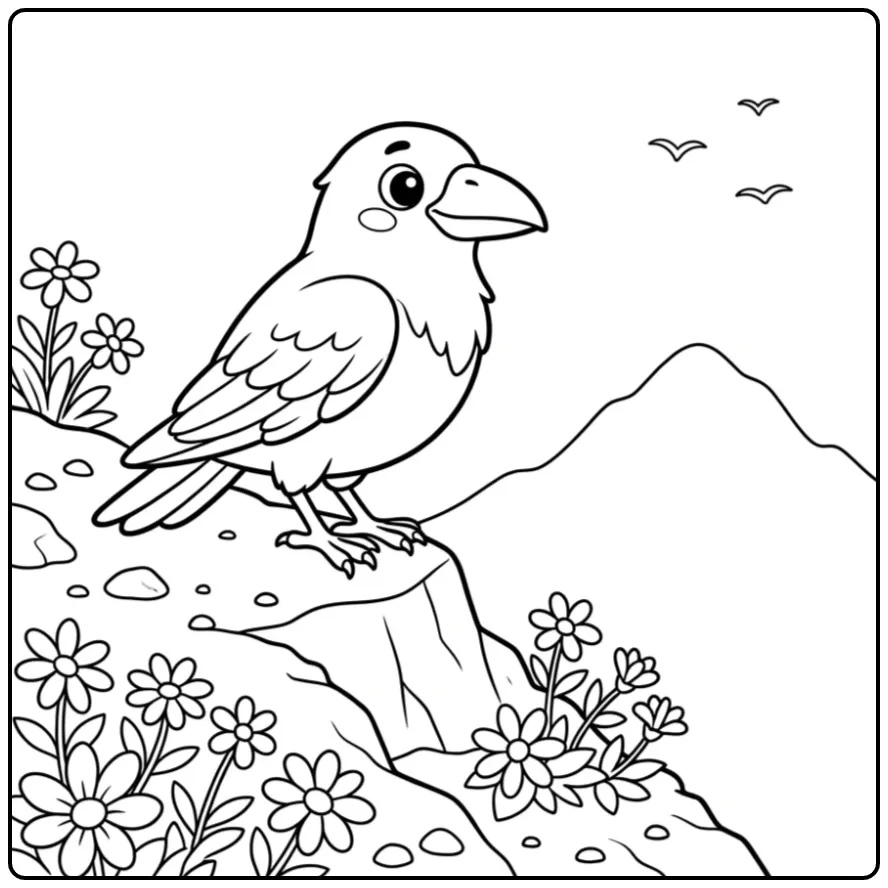 Schattige kleurplaat raaf tussen de alpenbloemen.