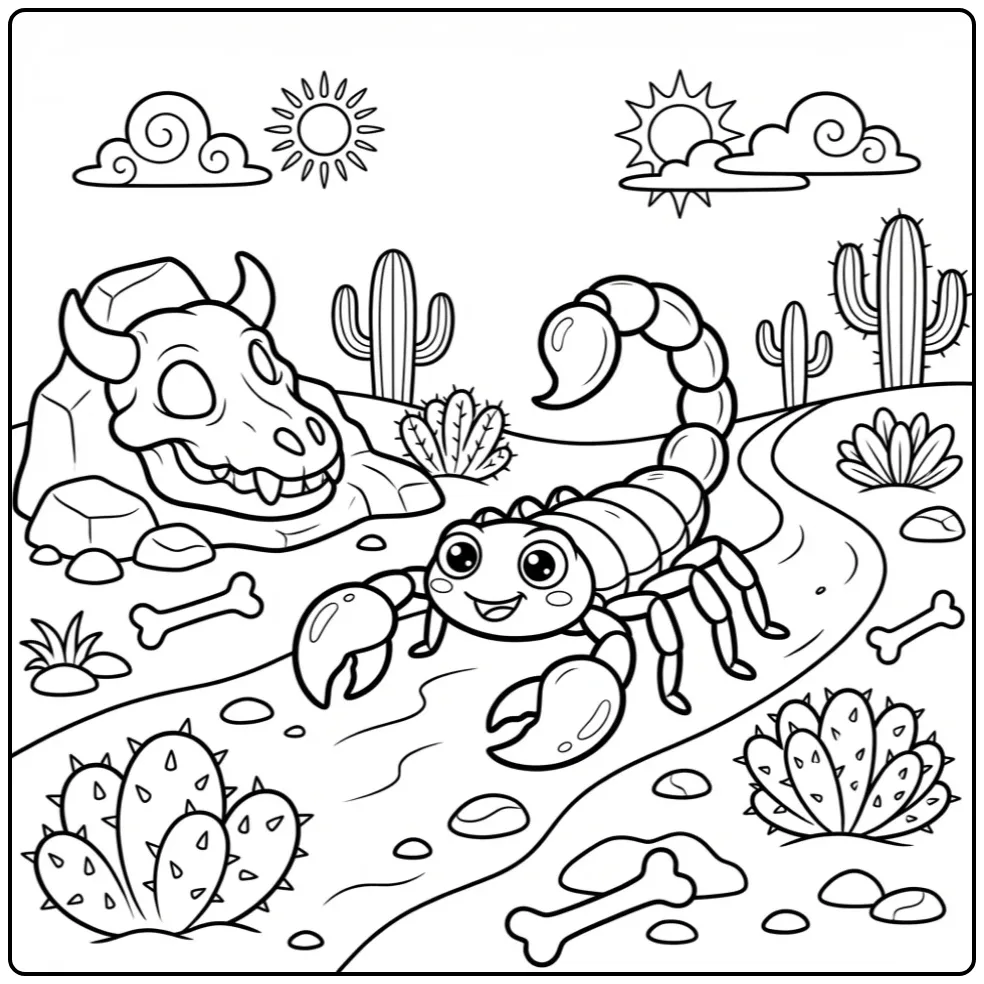 Cartoon kleurplaat schorpioen bij een schedelrots.