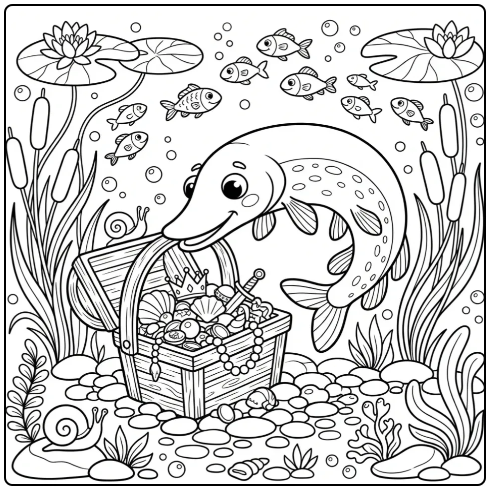 Leuke kleurplaat snoek die een mand met schelpen bekijkt.