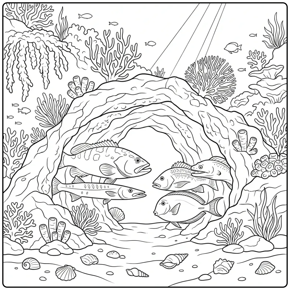 Onderwatergrot scene kleurplaat vis met diverse zeedieren.