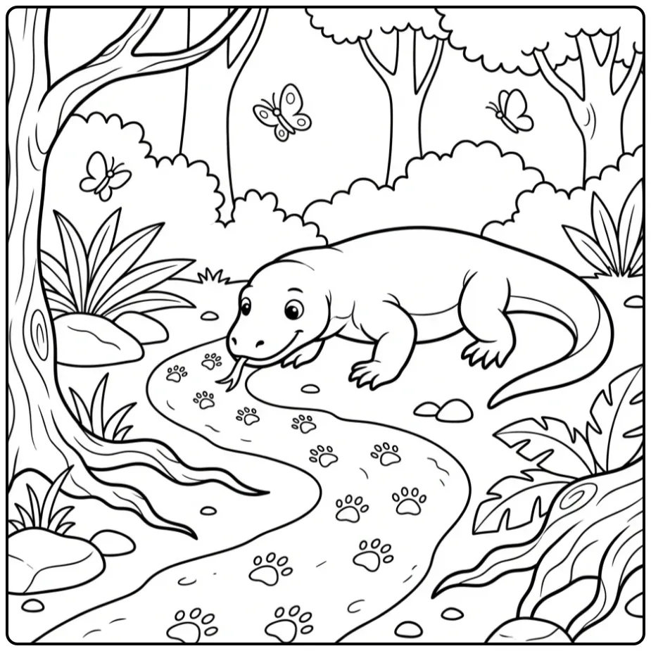 Snuffelende komodovaraan kleurplaat op een avontuurlijk pad.