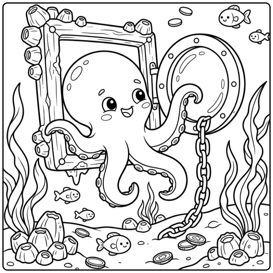 Realistische octopus kleurplaat bij patrijspoort.