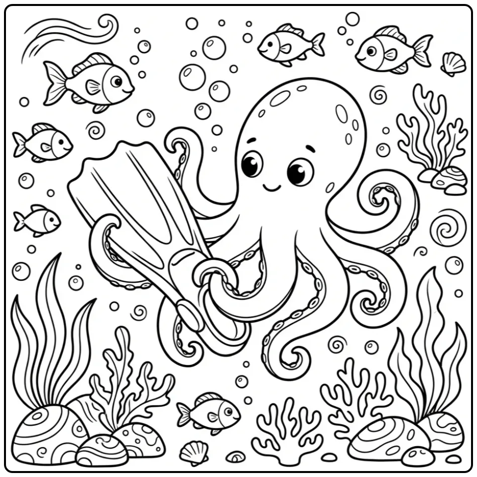 Octopus kleurplaat die nieuwsgierig een duikvin vasthoudt.