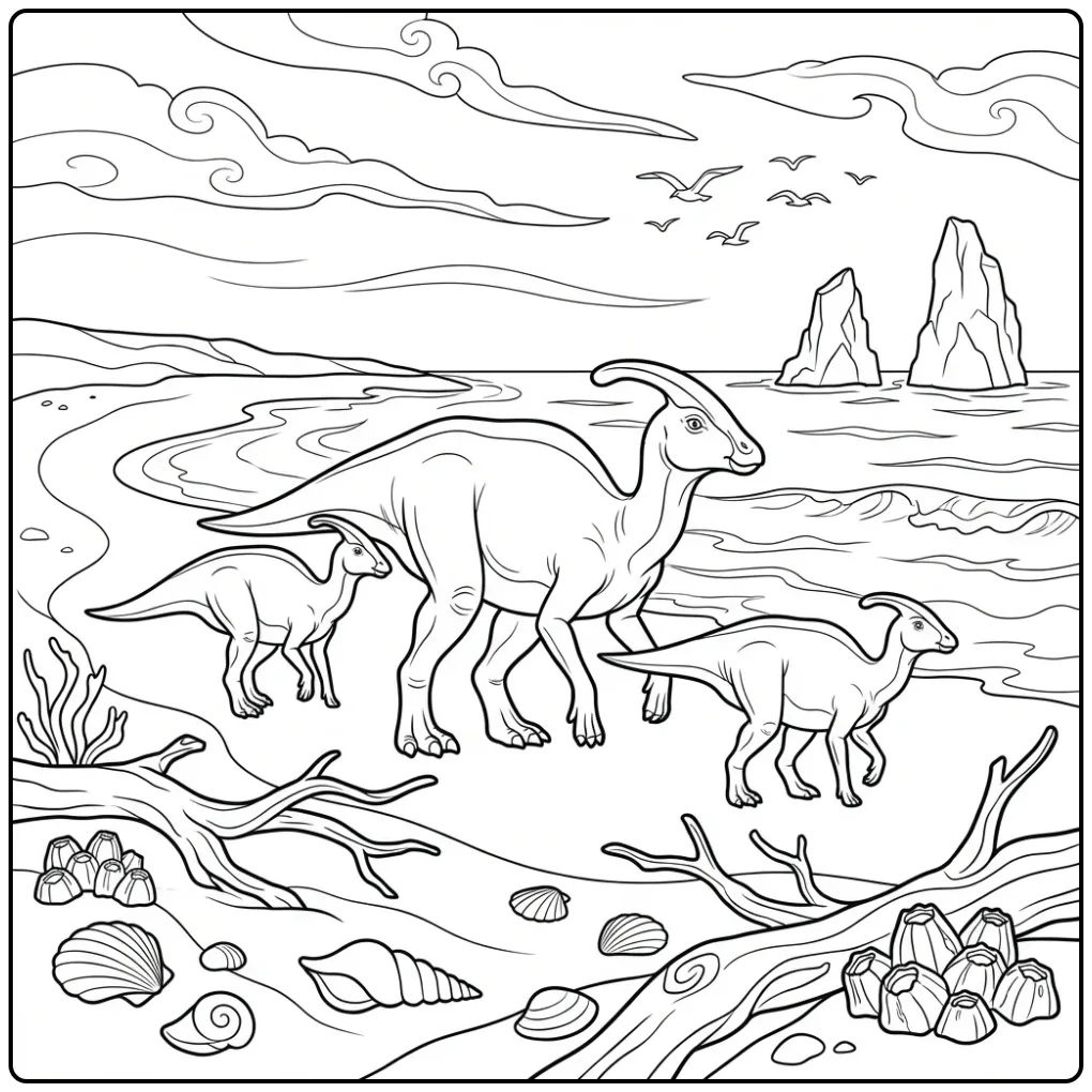 Parasaurolophus kleurplaat met drie dino's op het strand.