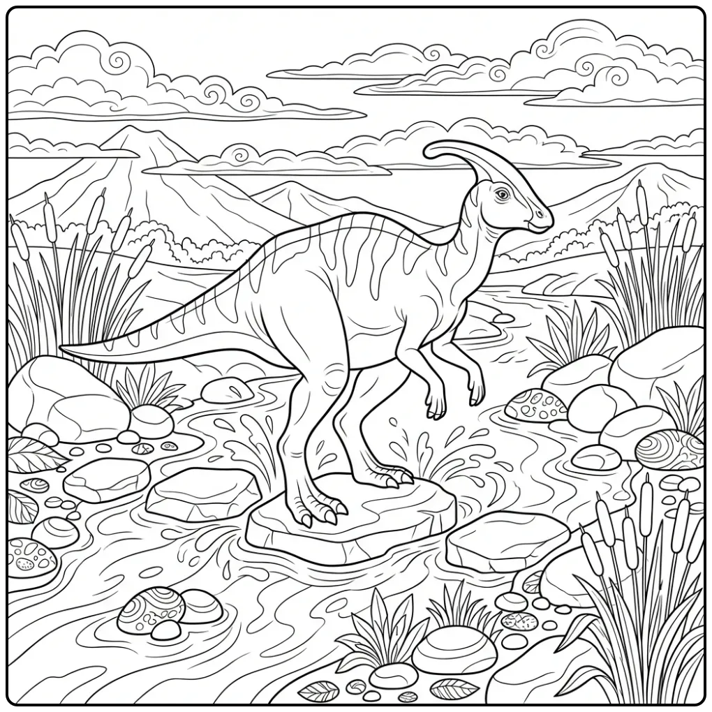 Parasaurolophus kleurplaat die een beek oversteekt.