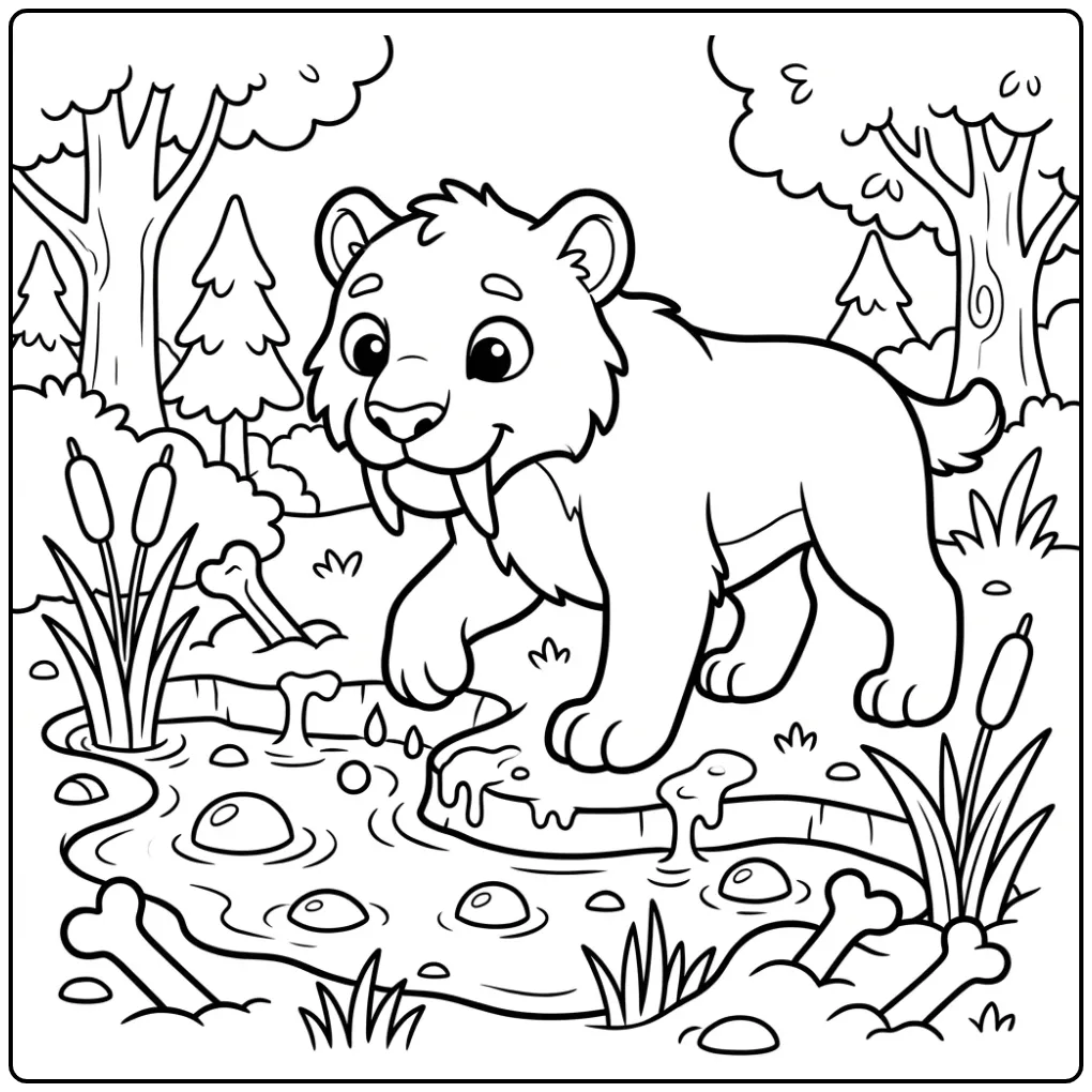 Sabeltandtijger kleurplaat bij een kleverige teerput.