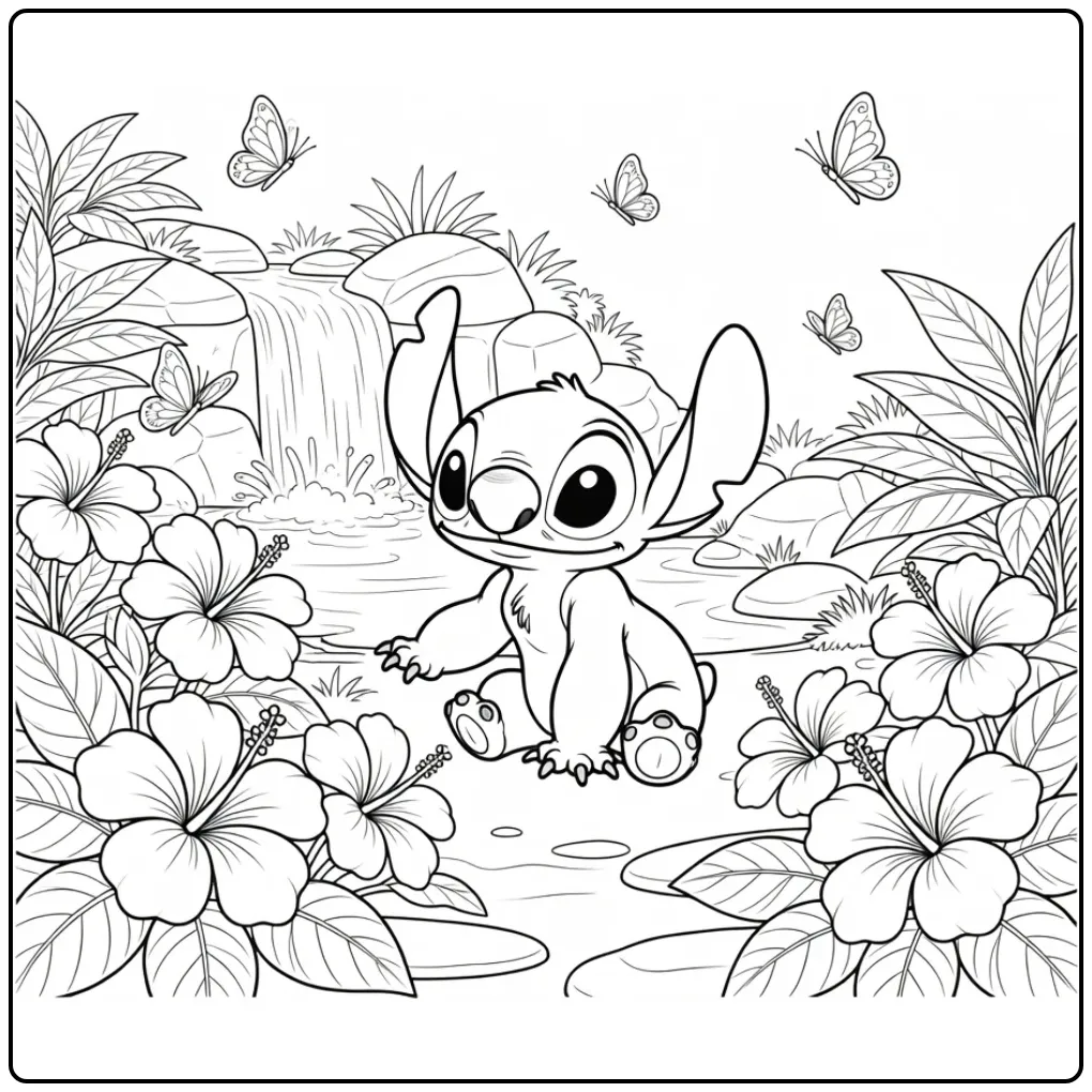 Stitch kleurplaat in de jungle met bloemen en vlinders.