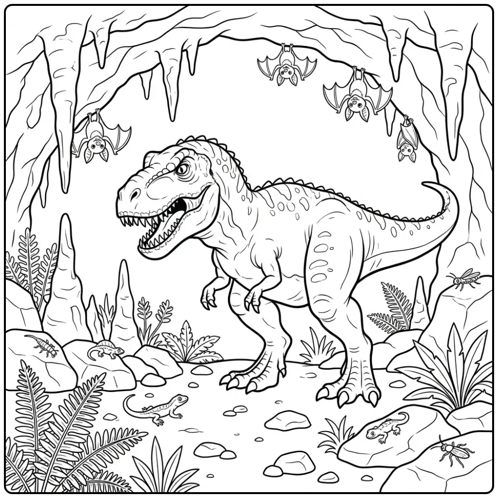 T rex kleurplaat met een schattige dino bij een grot