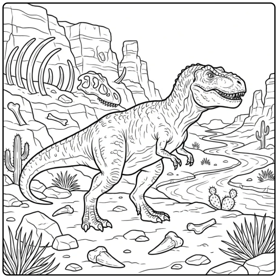 Realistische t rex kleurplaat in een landschap vol fossielen