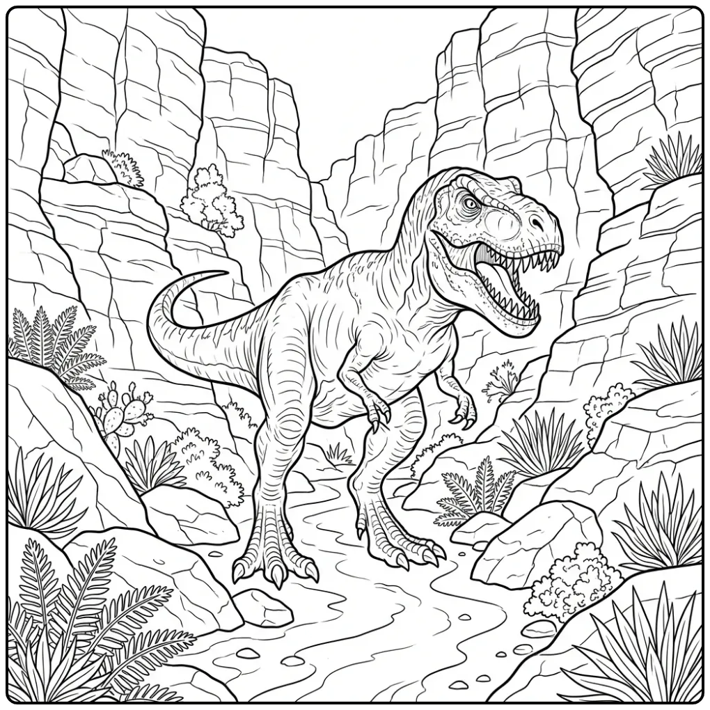 Schattige T rex kleurplaat wandelend door een diepe kloof