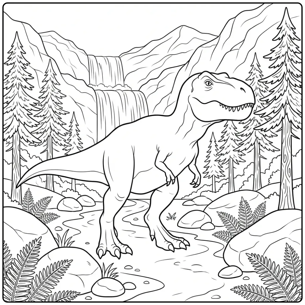 Prehistorische t rex kleurplaat met waterval en bergen