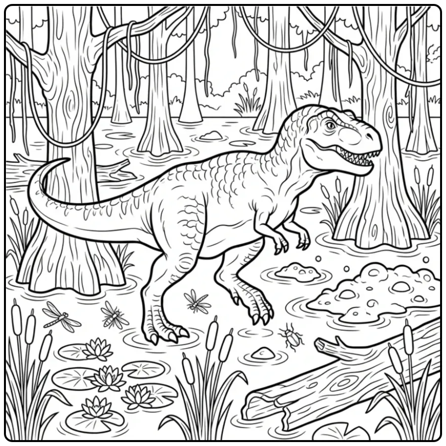 Een t rex kleurplaat in een moeras met bomen en lianen.