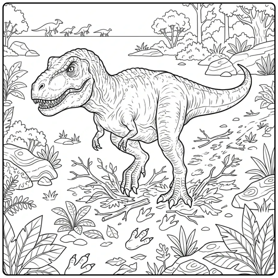 Schattige T rex kleurplaat wandelend langs een dino-pad.