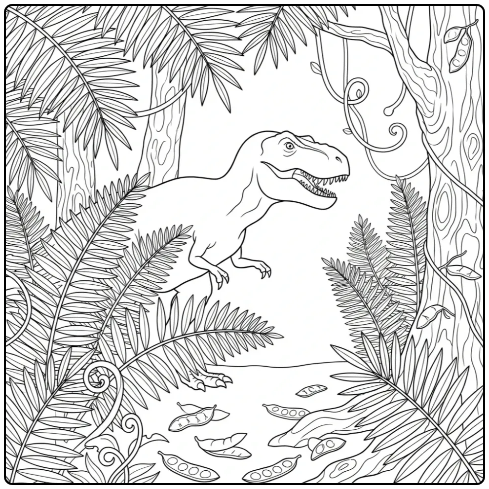 Gedetailleerde t rex kleurplaat in een dichte jungle.