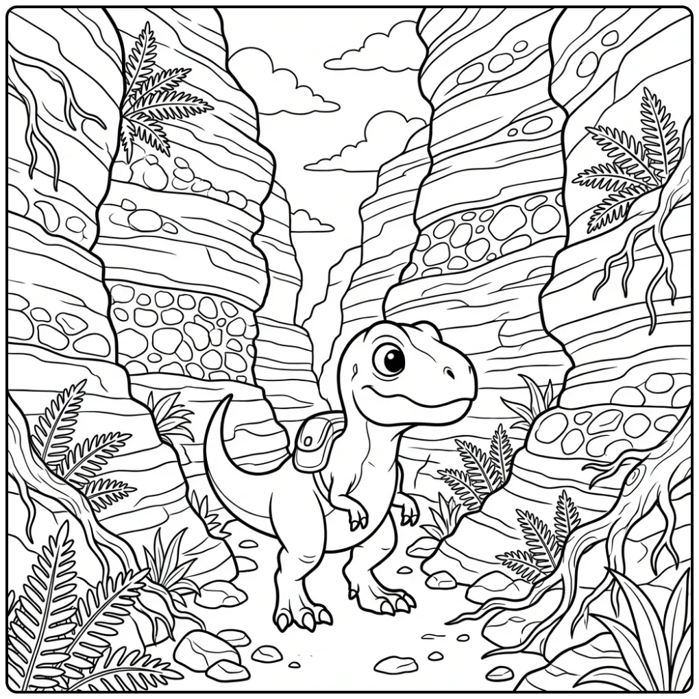 Een schattige baby t rex kleurplaat in een rotsachtige kloof.