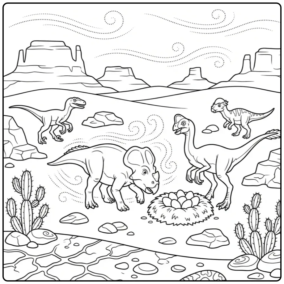 Woestijnlandschap met dinosaurussen dino kleurplaat.