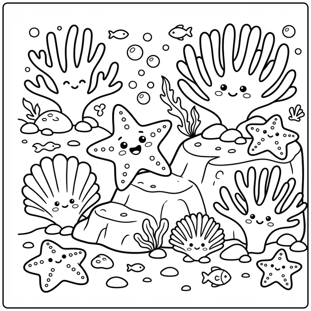 Een vrolijke zeester kleurplaat met koraal en stenen.