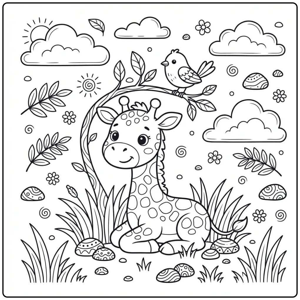 Liggende baby giraf kleurplaat met een klein vogeltje.