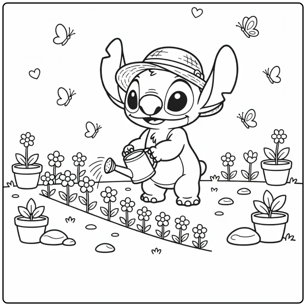 Schattige baby stitch kleurplaat met zonnehoed en gieter.