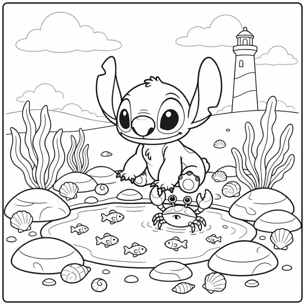 Een schattige baby stitch kleurplaat bij een getijdenpoel.