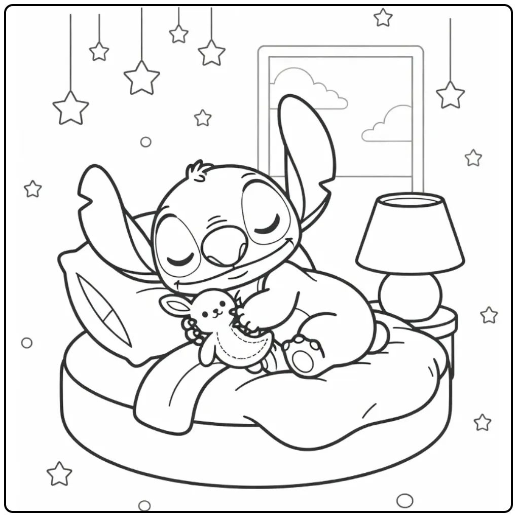 Slaap lekker met deze schattige baby stitch kleurplaat in bed.