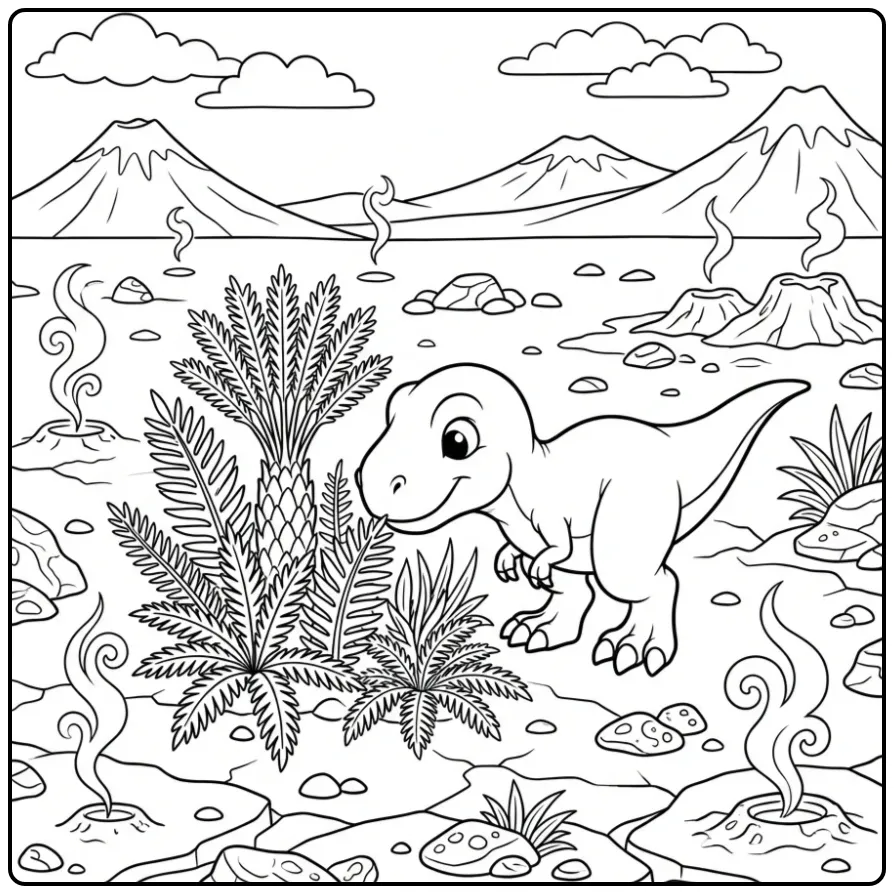 Schattige baby t rex kleurplaat bij vulkanen.