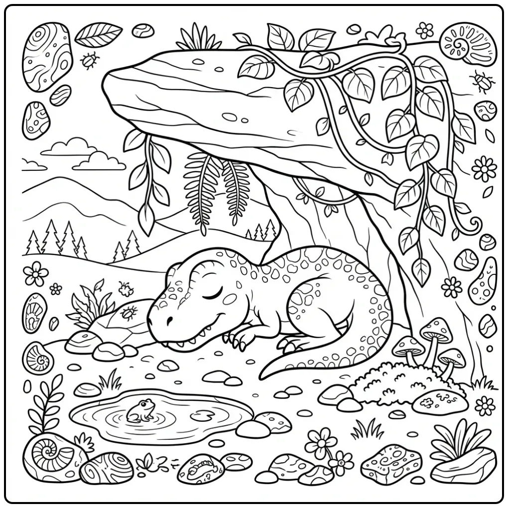 Slapende baby t rex kleurplaat onder een rots.