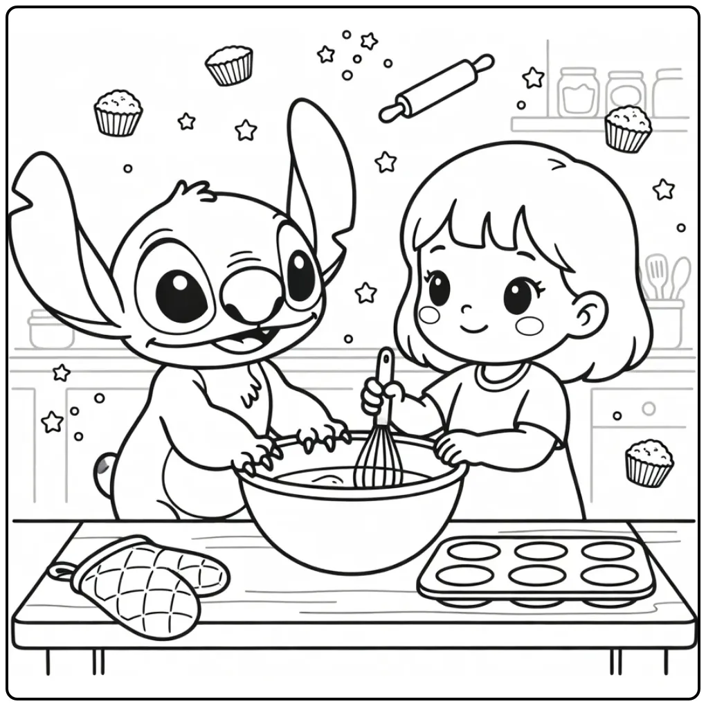 Een stitch kleurplaat schattig met Stitch die cupcakes bakt.