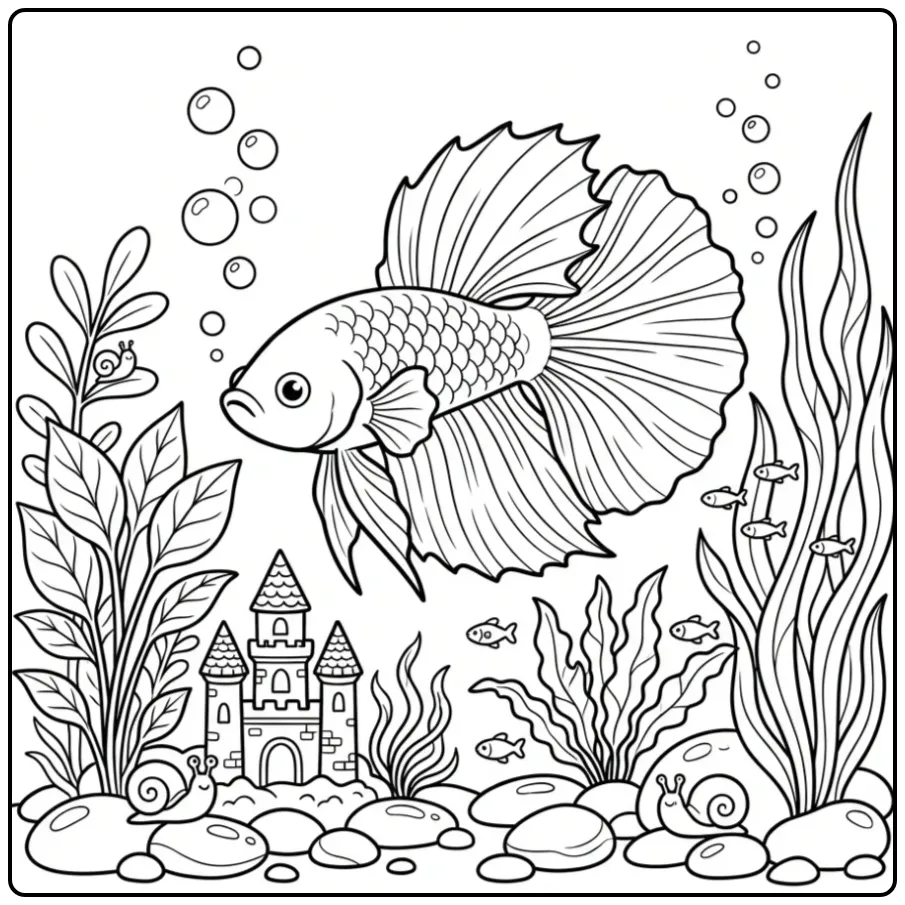 Leuke kleurplaat vis met een kasteel en waterplanten.