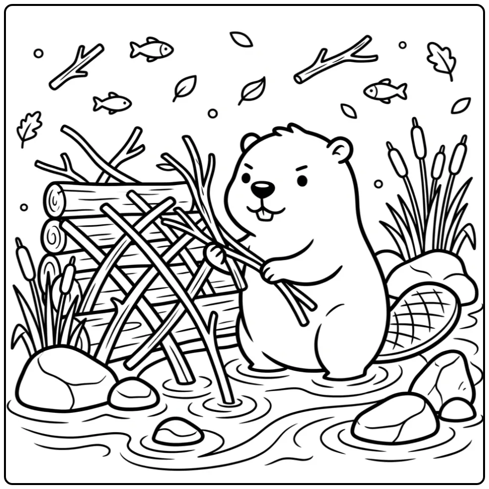 Een schattige bever kleurplaat die een stevige dam bouwt.