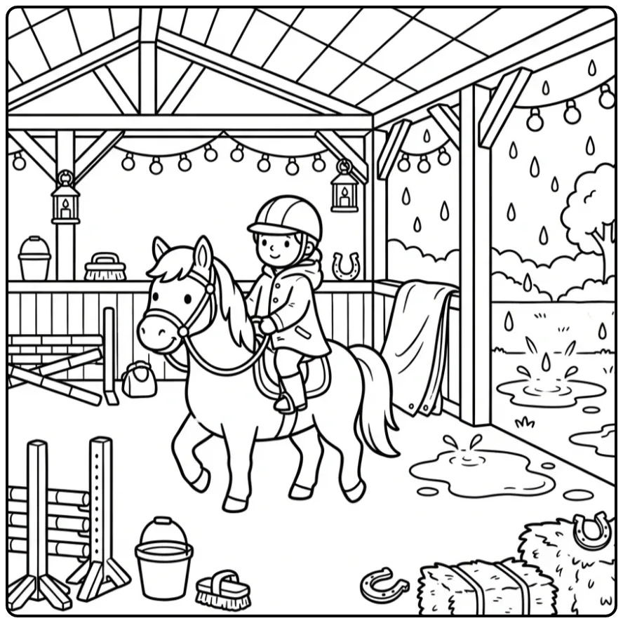 Schattige kleurplaat paard met ruiter in binnenbak bij regen
