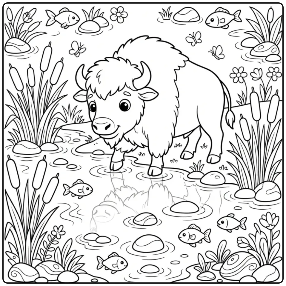 Schattige bizon kleurplaat stapt door het ondiepe water.