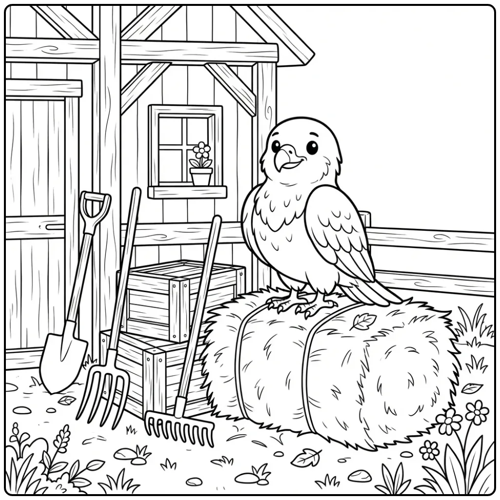 Leuke kleurplaat buizerd op een hooibaal bij de boerderij.