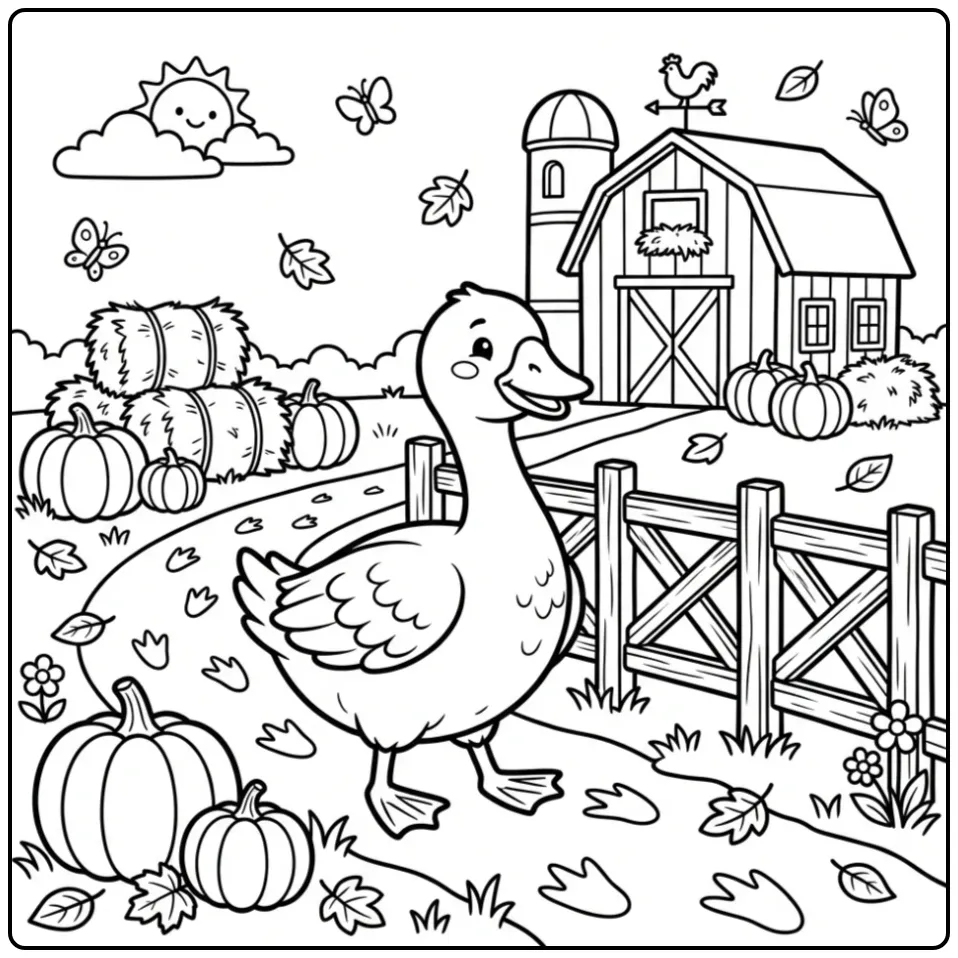 Een leuke kleurplaat gans wandelend op een boerderijpad.