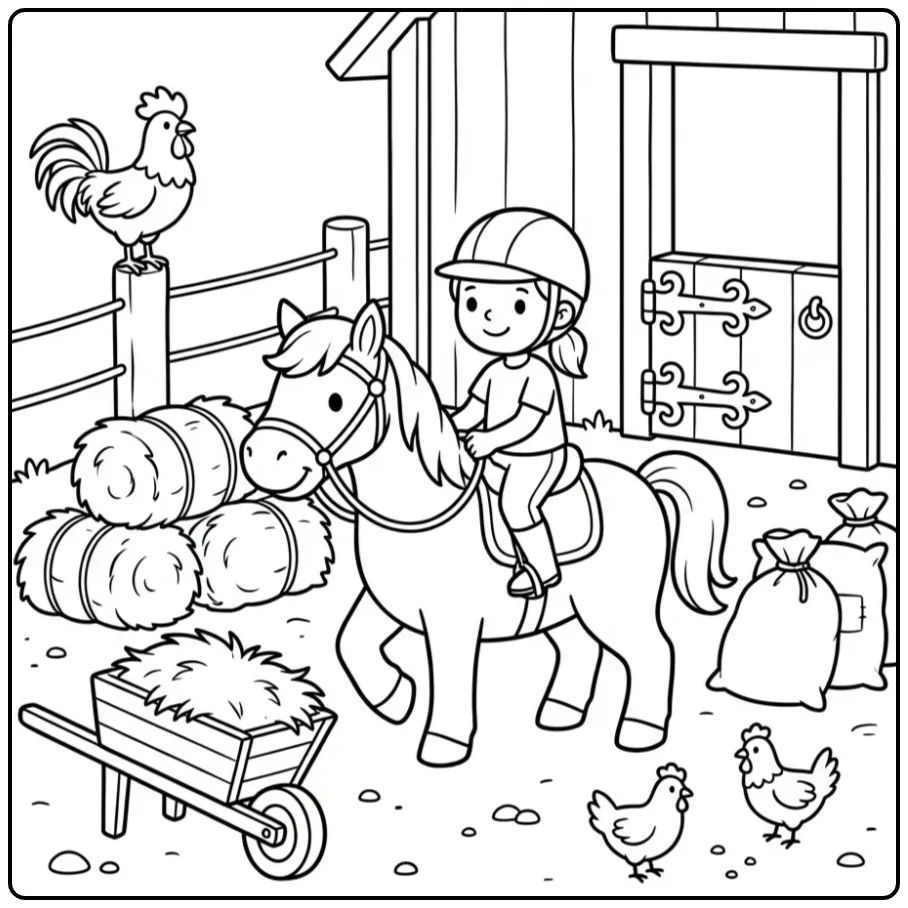 Vrolijke kleurplaat paard met ruiter op de boerderij.