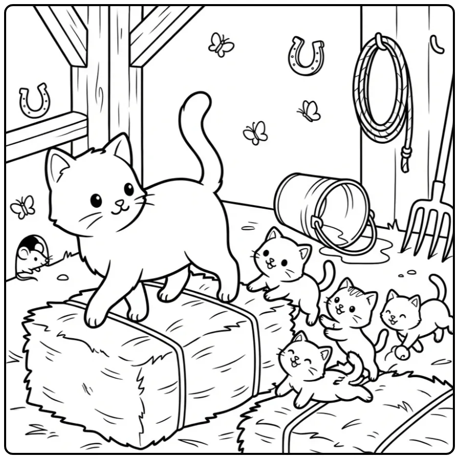 Schattige kleurplaat poes met kittens op hooibalen in de stal