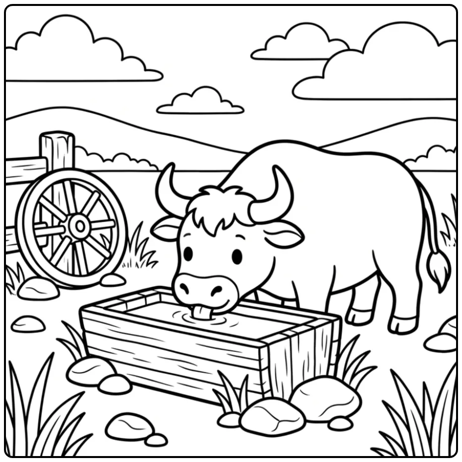 Een schattige kleurplaat stier die water drinkt uit een trog.