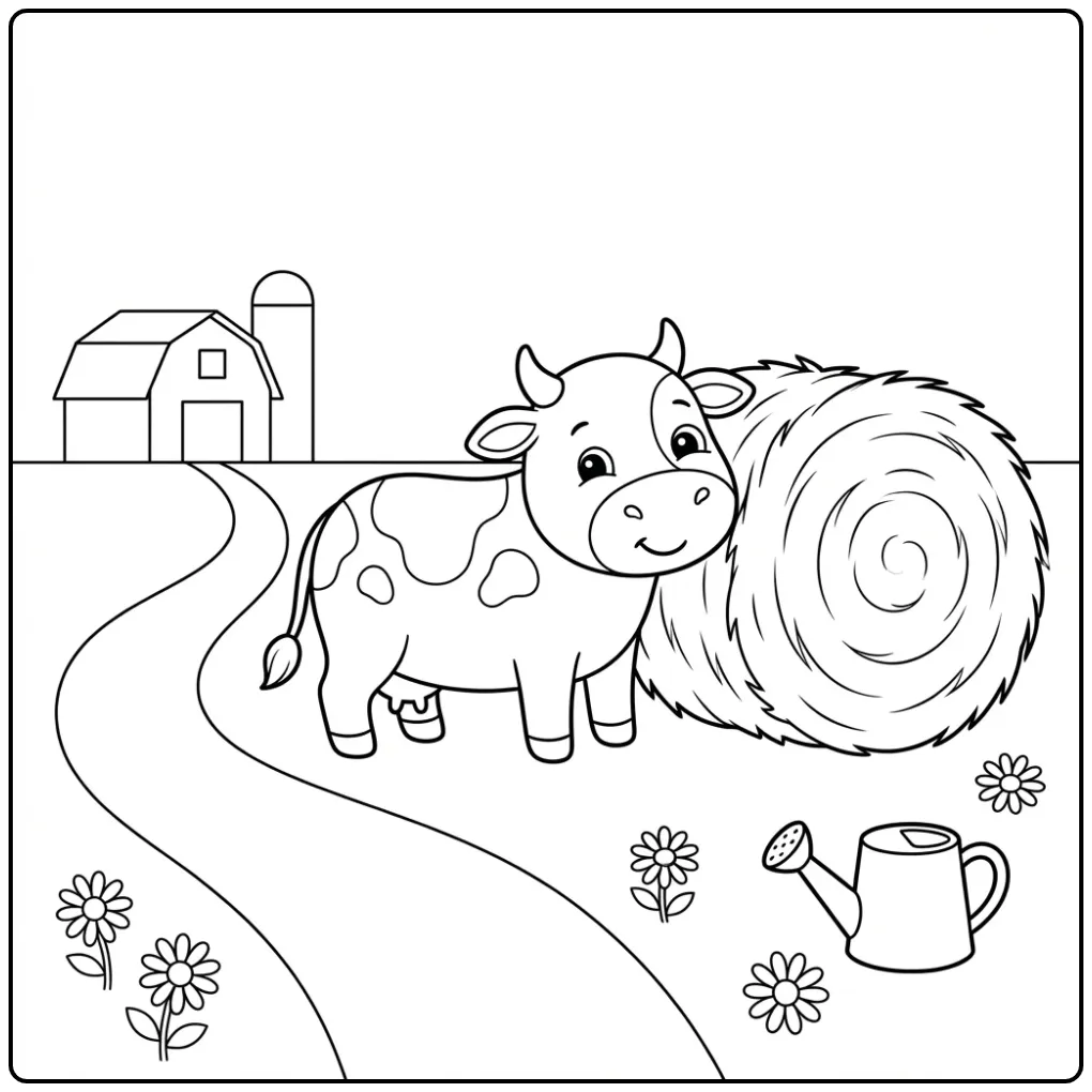 Schattige koe kleurplaat peuter bij een hooibaal en bloemen.