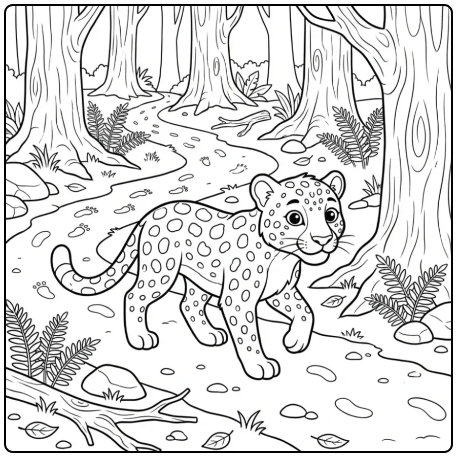 Een schattige kleurplaat luipaard wandelend op een bospad.